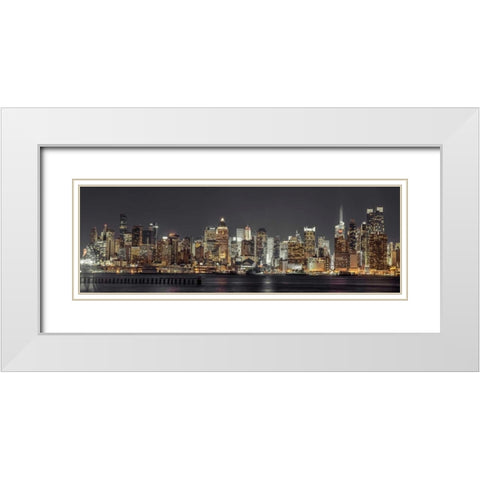 Illuminated Manhattan skyline at twilight - New York City White Modern Wood Framed Art Print with Double Matting by Frank, Assaf
