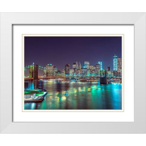 Brooklyn Bridge with Manhattan skyline, New York White Modern Wood Framed Art Print with Double Matting by Frank, Assaf