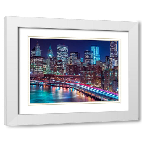 Strip lights on streets of Manhattan by east river, New York White Modern Wood Framed Art Print with Double Matting by Frank, Assaf