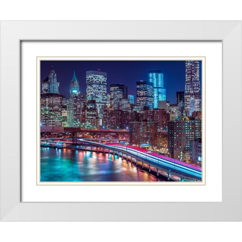 Strip lights on streets of Manhattan by east river, New York White Modern Wood Framed Art Print with Double Matting by Frank, Assaf