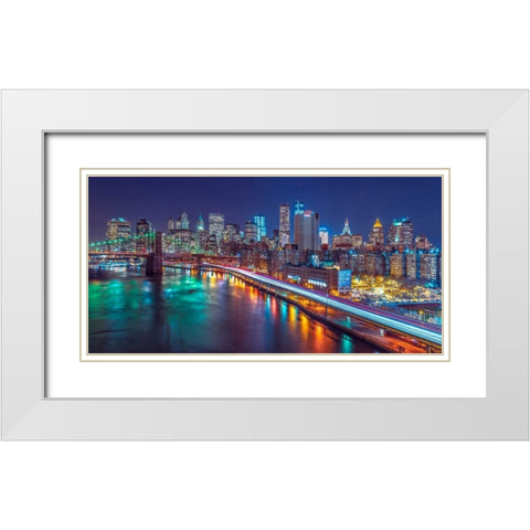Strip lights on streets of Manhattan by east river, New York White Modern Wood Framed Art Print with Double Matting by Frank, Assaf
