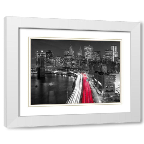Strip lights on streets of Manhattan by east river, New York White Modern Wood Framed Art Print with Double Matting by Frank, Assaf