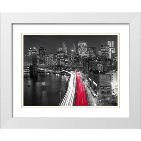 Strip lights on streets of Manhattan by east river, New York White Modern Wood Framed Art Print with Double Matting by Frank, Assaf