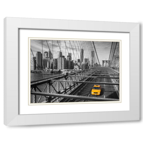 Cab on Brooklyn Bridge, Manhattan, New York White Modern Wood Framed Art Print with Double Matting by Frank, Assaf