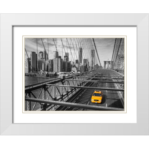 Cab on Brooklyn Bridge, Manhattan, New York White Modern Wood Framed Art Print with Double Matting by Frank, Assaf