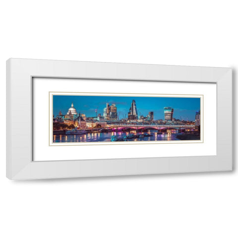 Evening view of Blackfriars Bridge over River Thames with London skyline, FTBR-1853 White Modern Wood Framed Art Print with Double Matting by Frank, Assaf