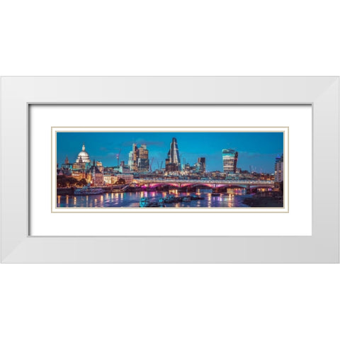 Evening view of Blackfriars Bridge over River Thames with London skyline, FTBR-1853 White Modern Wood Framed Art Print with Double Matting by Frank, Assaf