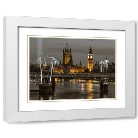 Evening view of Golden Jubilee over River Thames with Westminster Abby White Modern Wood Framed Art Print with Double Matting by Frank, Assaf