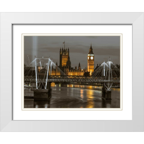 Evening view of Golden Jubilee over River Thames with Westminster Abby White Modern Wood Framed Art Print with Double Matting by Frank, Assaf