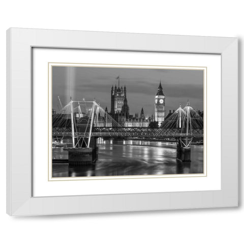 Evening view of Golden Jubilee over River Thames with Westminster Abby White Modern Wood Framed Art Print with Double Matting by Frank, Assaf