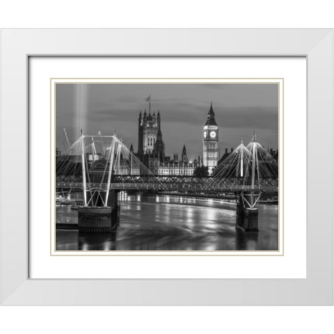 Evening view of Golden Jubilee over River Thames with Westminster Abby White Modern Wood Framed Art Print with Double Matting by Frank, Assaf