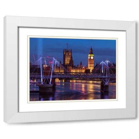 Evening view of Golden Jubilee over River Thames with Westminster Abby White Modern Wood Framed Art Print with Double Matting by Frank, Assaf