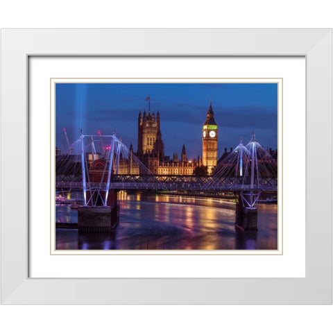 Evening view of Golden Jubilee over River Thames with Westminster Abby White Modern Wood Framed Art Print with Double Matting by Frank, Assaf