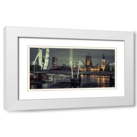 Night view of the London Eye, Golden Jubilee bridge and Westminster, London, UK White Modern Wood Framed Art Print with Double Matting by Frank, Assaf
