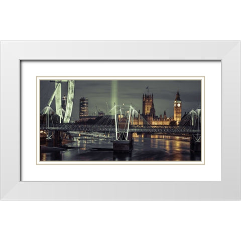 Night view of the London Eye, Golden Jubilee bridge and Westminster, London, UK White Modern Wood Framed Art Print with Double Matting by Frank, Assaf