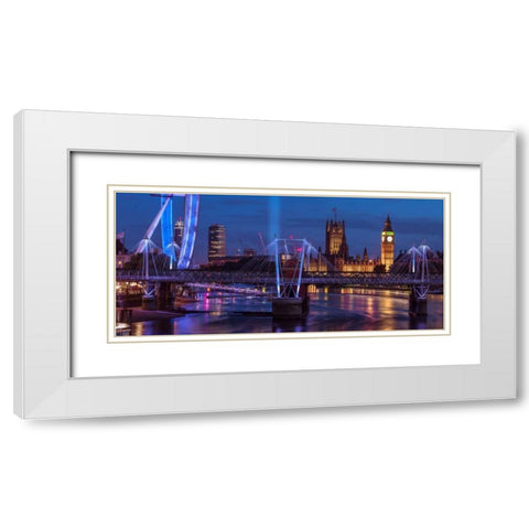 Night view of the London Eye, Golden Jubilee bridge and Westminster, London, UK White Modern Wood Framed Art Print with Double Matting by Frank, Assaf
