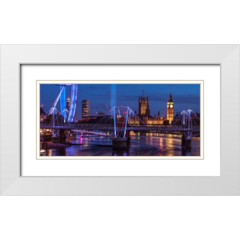 Night view of the London Eye, Golden Jubilee bridge and Westminster, London, UK White Modern Wood Framed Art Print with Double Matting by Frank, Assaf