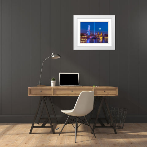 Night view of the London Eye, Golden Jubilee bridge and Westminster, London, UK White Modern Wood Framed Art Print with Double Matting by Frank, Assaf