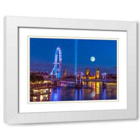 Night view of the London Eye, Golden Jubilee bridge and Westminster, London, UK White Modern Wood Framed Art Print with Double Matting by Frank, Assaf