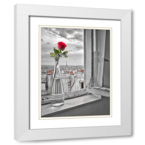 Flower vase on window with Eiffle tower in background-Paris White Modern Wood Framed Art Print with Double Matting by Frank, Assaf