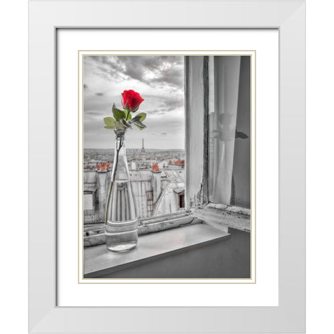 Flower vase on window with Eiffle tower in background-Paris White Modern Wood Framed Art Print with Double Matting by Frank, Assaf