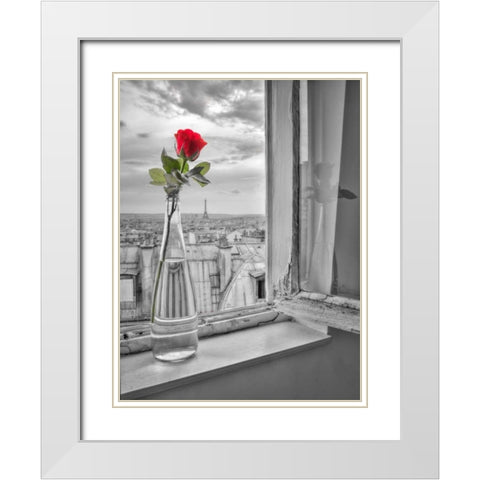 Flower vase on window with Eiffle tower in background, Paris White Modern Wood Framed Art Print with Double Matting by Frank, Assaf