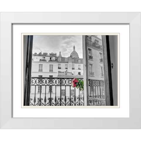 Bunch of flowers on balcony railing in an apartment of Montmartre, Paris, France White Modern Wood Framed Art Print with Double Matting by Frank, Assaf