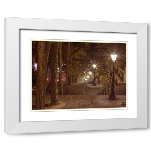 Street lights on steep stairs in city of Montmartre, Paris White Modern Wood Framed Art Print with Double Matting by Frank, Assaf