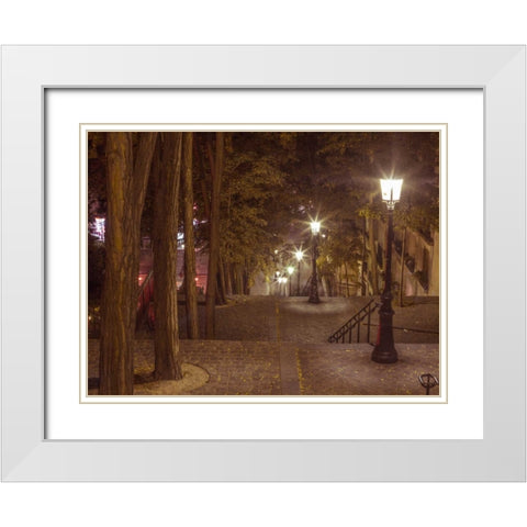 Street lights on steep stairs in city of Montmartre, Paris White Modern Wood Framed Art Print with Double Matting by Frank, Assaf