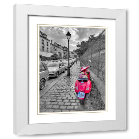 Bunch of Roses on scooter, Paris, France White Modern Wood Framed Art Print with Double Matting by Frank, Assaf
