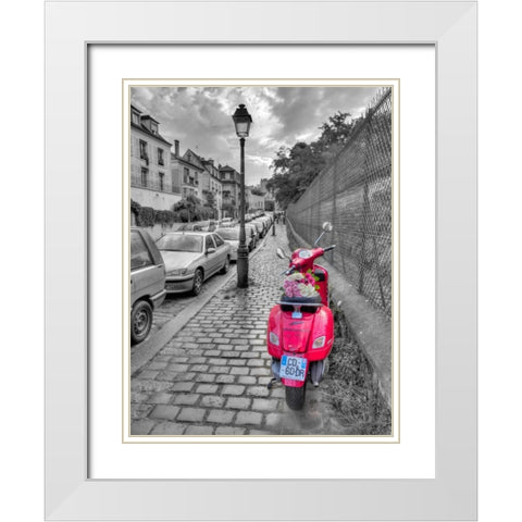 Bunch of Roses on scooter, Paris, France White Modern Wood Framed Art Print with Double Matting by Frank, Assaf