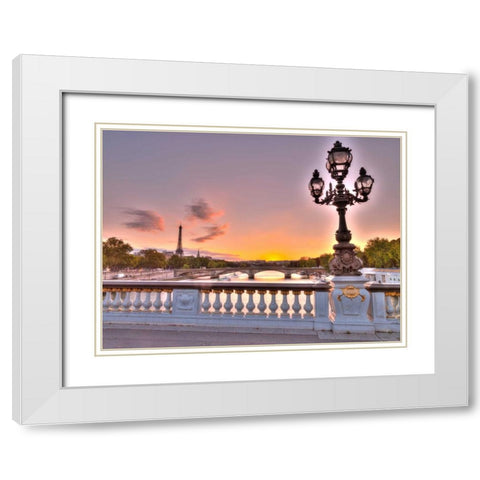 Street light on a bridge with Eiffel Tower in bakcground, Paris, France White Modern Wood Framed Art Print with Double Matting by Frank, Assaf