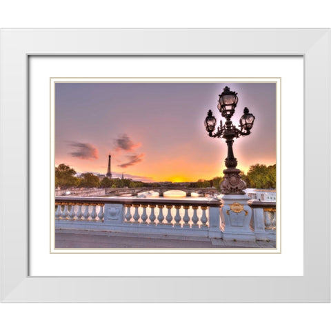 Street light on a bridge with Eiffel Tower in bakcground, Paris, France White Modern Wood Framed Art Print with Double Matting by Frank, Assaf