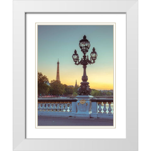 Street light on a bridge with Eiffel Tower in bakcground, Paris, France White Modern Wood Framed Art Print with Double Matting by Frank, Assaf
