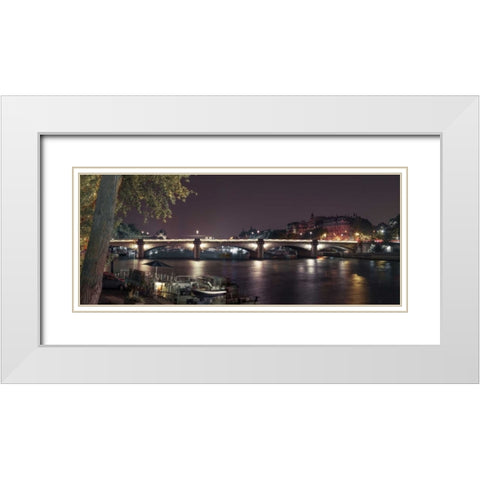 Evening shot of Bridge over river Seine, Paris, France White Modern Wood Framed Art Print with Double Matting by Frank, Assaf