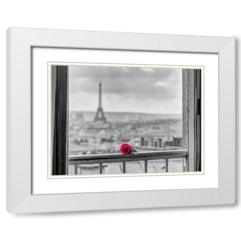 Rose on balcony railing with Eiffel Tower in background, Paris, France White Modern Wood Framed Art Print with Double Matting by Frank, Assaf