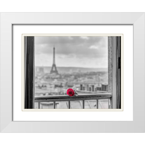 Rose on balcony railing with Eiffel Tower in background, Paris, France White Modern Wood Framed Art Print with Double Matting by Frank, Assaf