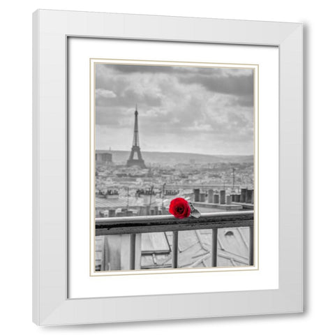 Rose on balcony railing with Eiffel Tower in background, Paris, France White Modern Wood Framed Art Print with Double Matting by Frank, Assaf