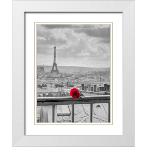 Rose on balcony railing with Eiffel Tower in background, Paris, France White Modern Wood Framed Art Print with Double Matting by Frank, Assaf