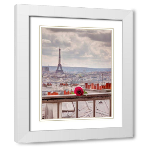Rose on balcony railing with Eiffel Tower in background, Paris, France White Modern Wood Framed Art Print with Double Matting by Frank, Assaf
