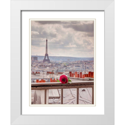 Rose on balcony railing with Eiffel Tower in background, Paris, France White Modern Wood Framed Art Print with Double Matting by Frank, Assaf