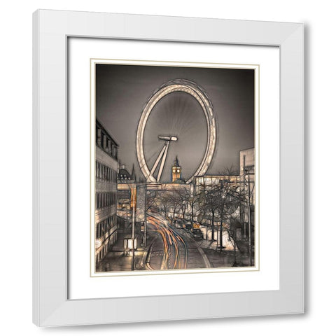 Night shot of London street with Millennium wheel in background White Modern Wood Framed Art Print with Double Matting by Frank, Assaf