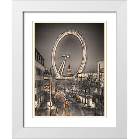 Night shot of London street with Millennium wheel in background White Modern Wood Framed Art Print with Double Matting by Frank, Assaf