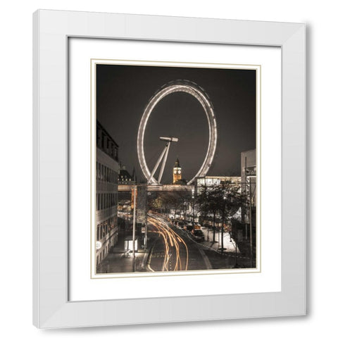 Night shot of London street with Millennium wheel in background White Modern Wood Framed Art Print with Double Matting by Frank, Assaf