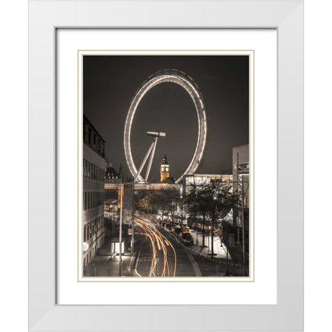 Night shot of London street with Millennium wheel in background White Modern Wood Framed Art Print with Double Matting by Frank, Assaf