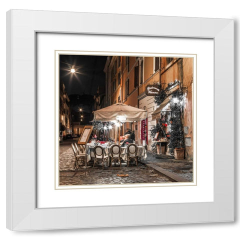 Sidewalk cafe on narrow streets of Rome, Italy, FTBR-1804 White Modern Wood Framed Art Print with Double Matting by Frank, Assaf