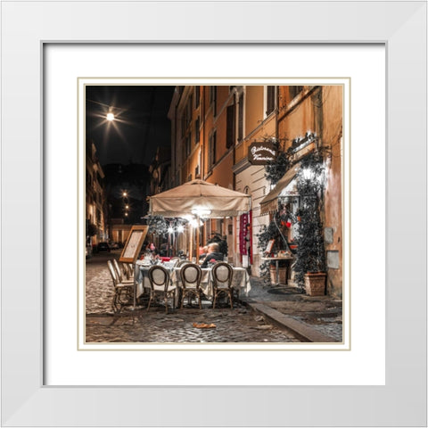 Sidewalk cafe on narrow streets of Rome, Italy, FTBR-1804 White Modern Wood Framed Art Print with Double Matting by Frank, Assaf