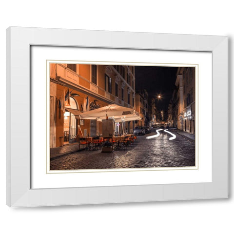 Sidewalk cafe on narrow streets of Rome, Italy, FTBR-1825 White Modern Wood Framed Art Print with Double Matting by Frank, Assaf