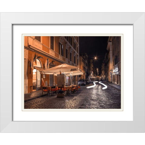 Sidewalk cafe on narrow streets of Rome, Italy, FTBR-1825 White Modern Wood Framed Art Print with Double Matting by Frank, Assaf