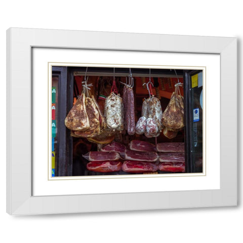 Various salami hanging in a window of an Italian Salami shop, Rome, Italy White Modern Wood Framed Art Print with Double Matting by Frank, Assaf
